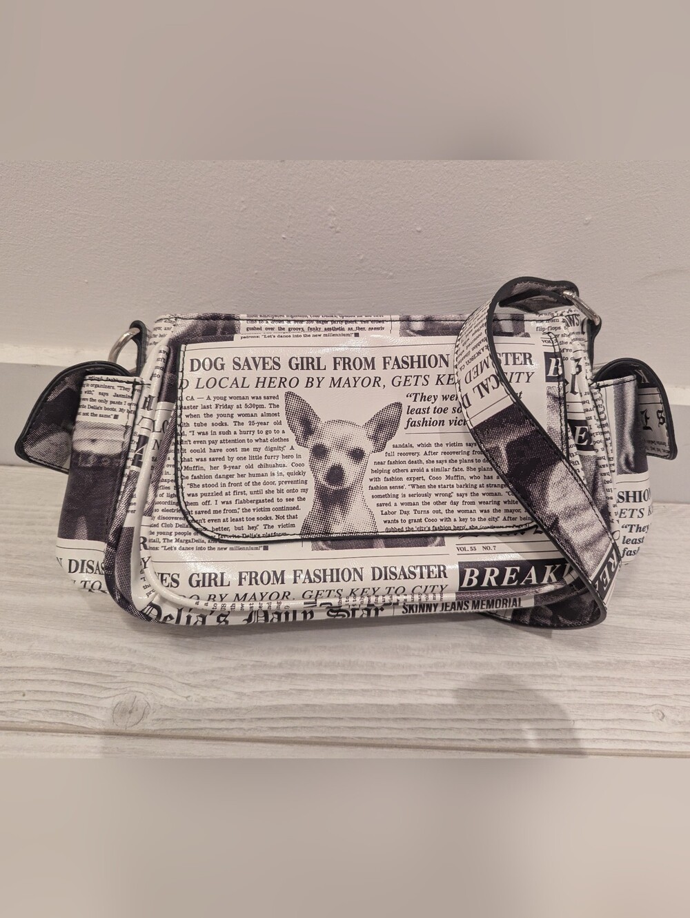 Ella Black & White Newspaper Print Crossbody